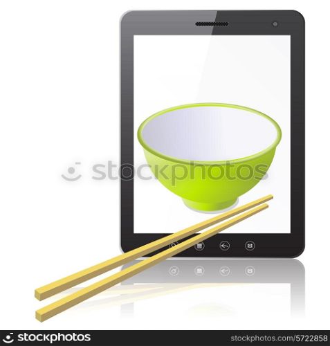Tablet PC computer with ceramic mug with wooden sticks isolated on white background. Vector illustration.