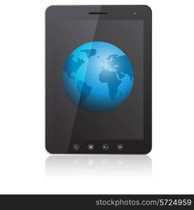 Tablet PC computer with globe screen isolated on white background. Vector illustration.