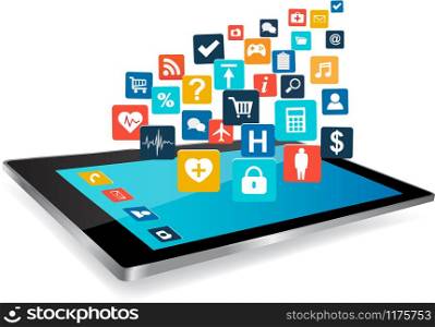 Tablet PC with cloud of colorful application icons