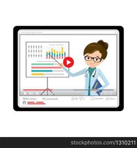 Tablet PC with happy handsome influencer caucasian female doctor.Learning or presenting by the webinar training.Isolated on white background.Flat vector illustration
