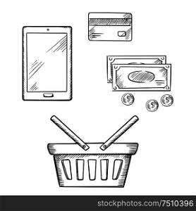 Tablet pc with shopping basket, credit card, dollar bills and coins. Sketch icons for online shopping and e-commerce design