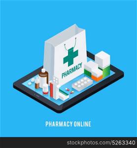 Tablet Pharmacy Online Concept. Online pharmacy conceptual composition with isometric images of tablet and various pharmaceutical drugs on screen top vector illustration