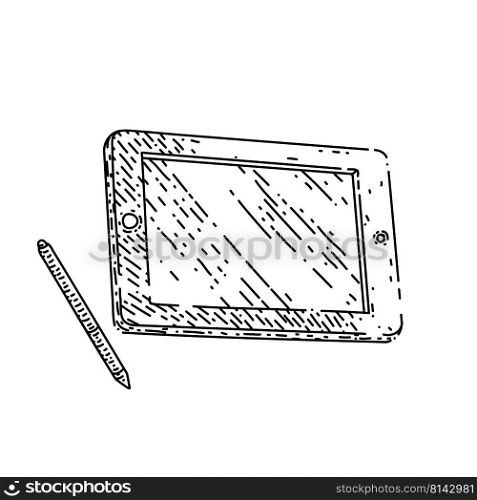 tablet screen hand drawn vector. digital display, mobile device, smart template tablet screen sketch. isolated black illustration. tablet screen sketch hand drawn vector