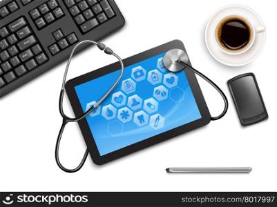 Tablet screen with medical icons and stethoscope on the table at the doctor. Vector.