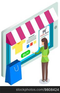Tablet screen with shopping website. Woman buyer chooses product in online store. Buy things, send packages. Virtual market place application for devices. Female character uses app for online shopping. Female character uses app for online shopping. Woman buyer chooses product in internet store
