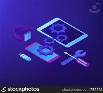 Tablet, smartphone and smartwatch with gears and tools need repair. Mobile device repair, tablet service and setup, smartwatch repair concept. Ultraviolet neon vector isometric 3D illustration.. Mobile device repair concept vector isometric illustration.