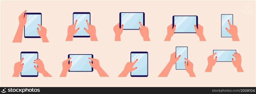 Tablet, smartphone in hands and touch empty screen. Mockup of multi touchscreens of mobile devices vector set. Surfing in Internet, drag scroll, play app games on blank tablet.. Tablet, smartphone in hands and touch empty screen. Mockup of multi touchscreens of mobile devices vector set.