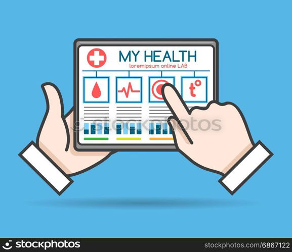 Tablet telehealth concept. Tablet telehealth concept, remote medical doctor monitoring, health or mobile medic help vector illustration