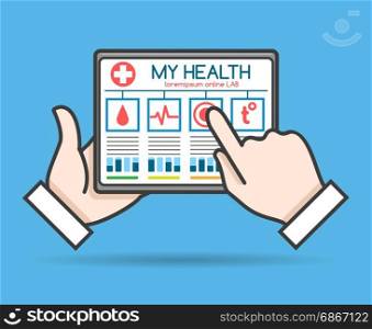 Tablet telehealth concept. Tablet telehealth concept, remote medical doctor monitoring, health or mobile medic help vector illustration