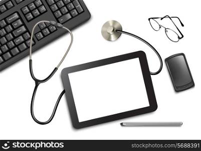 Tablet touch pad and office supplies on the table at the doctor. Vector illustration.