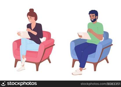 Tablet users in armchairs semi flat color vector characters set. Editable figures. Full body people on white. Simple cartoon style spot illustration pack for web graphic design and animation. Tablet users in armchairs semi flat color vector characters set