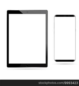 Tablet vector mockup black white screen isolated. Smartphone mockup, digital cell phone template on white background, realistic touch technology design. Electronic mobile device illustration. Tablet vector mockup black white screen isolated
