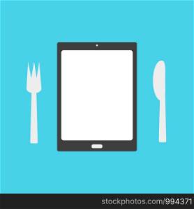 Tablet with a plate and fork and knife. Business concept - Vector