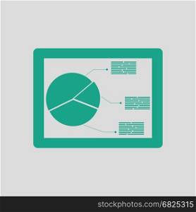 Tablet with analytics diagram icon. Gray background with green. Vector illustration.