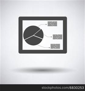 Tablet with analytics diagram icon on gray background, round shadow. Vector illustration.