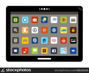 Tablet with colorful application icons. Tablet and icons - original design. Flat icon. Vector illustration