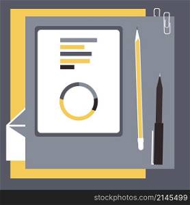 Tablet with graphics and pens on the desk. Vector illustration.. Tablet with graphics and pens on the desk.