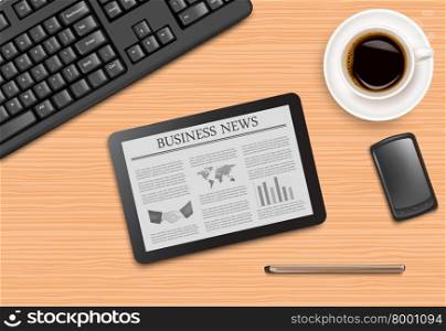 Tablet with news and office supplies laying on the board. Vector.