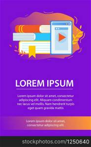 Tablet with Opened Website and Webinar Window Stand near Heap of Textbooks on Purple and Orange Gradient Background. E-learning, Online Education.Vertical Banner, Flat Vector Illustration, Copy Space. Tablet with Open Website and Books Vertical Banner