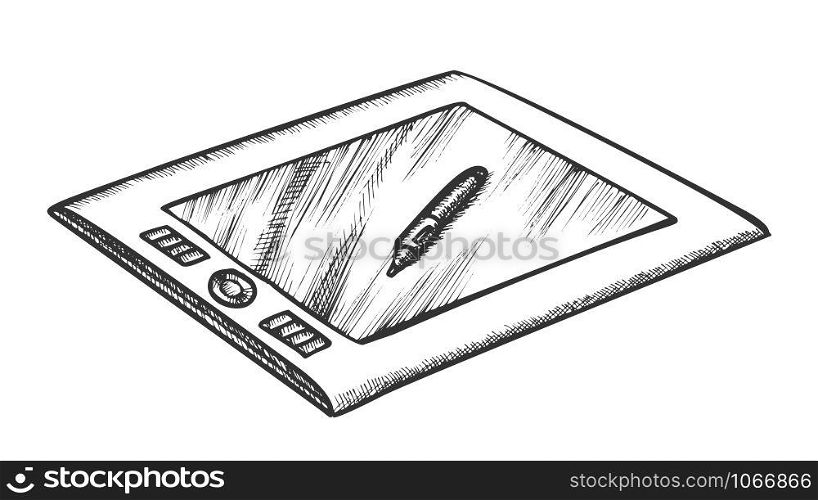 Tablet With Stylus Digital Gadget Retro Vector. Modern Graphic Tablet And Drawing Pen To Retouch Images. Device Engraving Concept Template Hand Drawn In Vintage Style Black And White Illustration. Tablet With Stylus Digital Gadget Retro Vector