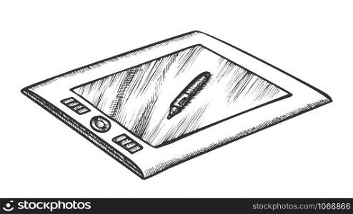 Tablet With Stylus Digital Gadget Retro Vector. Modern Graphic Tablet And Drawing Pen To Retouch Images. Device Engraving Concept Template Hand Drawn In Vintage Style Black And White Illustration. Tablet With Stylus Digital Gadget Retro Vector