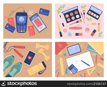 Tabletop with objects flat color vector illustration set. Cashless payment. Cosmetics products. Training tools. Top view 2D cartoon illustration with desktop on background collection. Tabletop with objects flat color vector illustration set
