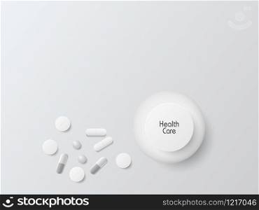 Tablets and capsules with medicine bottles on a gray background, health care. Vector illustrations.