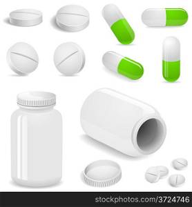 Tablets and pills vector set isolated on white background.