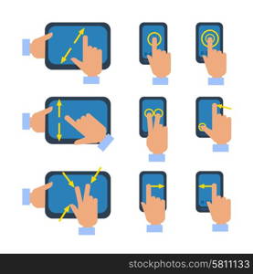 Tablets and smartphones touchscreen gestures turn select enlarge reduce icons set flat isolated vector illustration . Touchscreen gestures icons set