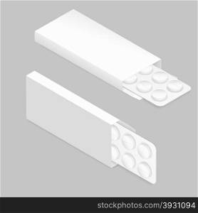 Tablets blister inside package detailed isometric icon set. Tablets in blister and packaging detailed isometric icon set vector graphic illustration