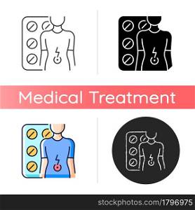 Tablets for stomach ache icon. Relaxing muscles in abdomen. Digestive wellbeing. Treating cramps and diarrhea. Support bowel function. Linear black and RGB color styles. Isolated vector illustrations. Tablets for stomach ache icon