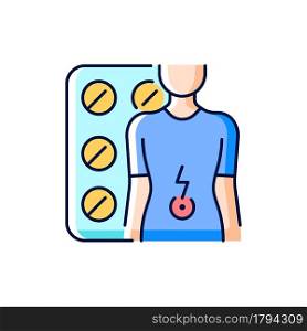 Tablets for stomach ache RGB color icon. Relaxing muscles in abdomen. Digestive wellbeing. Treating cramps, diarrhea. Support bowel function. Isolated vector illustration. Simple filled line drawing. Tablets for stomach ache RGB color icon