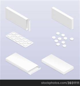 Tablets in blister and packaging detailed isometric icon set. Tablets in blister and packaging detailed isometric icon set vector graphic illustration