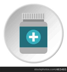 Tablets in plastic jar icon in flat circle isolated vector illustration for web. Tablets in plastic jar icon circle