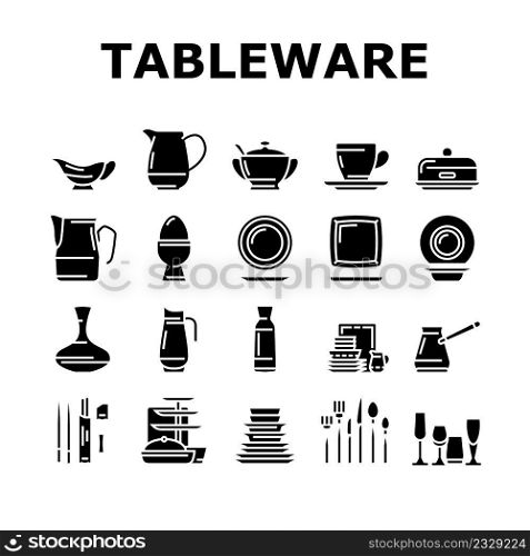 Tableware For Banquet Or Dinner Icons Set Vector. Plate For Meal And Cup Drink, Spoon And Fork, Glass Carafe Decanter Water Tableware. Kitchen Utensil Accessories Glyph Pictograms Black Illustrations. Tableware For Banquet Or Dinner Icons Set Vector