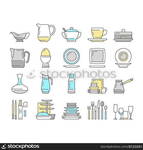 Tableware For Banquet Or Dinner Icons Set Vector. Plate For Meal And Cup For Drink, Spoon And Fork, Glass Carafe And Decanter For Water Tableware. Kitchen Utensil Accessories Color Illustrations. Tableware For Banquet Or Dinner Icons Set Vector