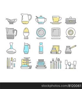 Tableware For Banquet Or Dinner Icons Set Vector. Plate For Meal And Cup For Drink, Spoon And Fork, Glass Carafe And Decanter For Water Tableware. Kitchen Utensil Accessories Color Illustrations. Tableware For Banquet Or Dinner Icons Set Vector