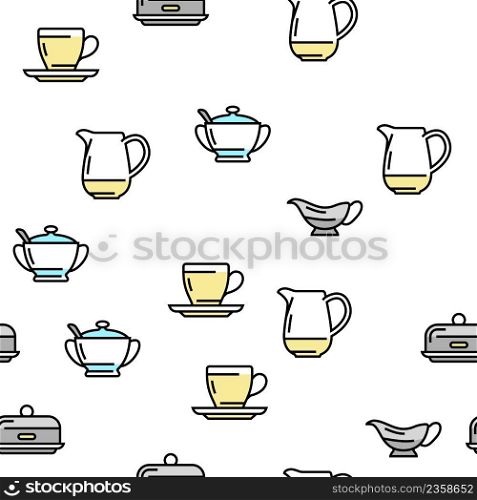 Tableware For Banquet Or Dinner Vector Seamless Pattern Thin Line Illustration. Tableware For Banquet Or Dinner Vector Seamless Pattern