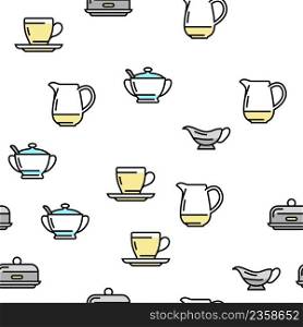 Tableware For Banquet Or Dinner Vector Seamless Pattern Thin Line Illustration. Tableware For Banquet Or Dinner Vector Seamless Pattern