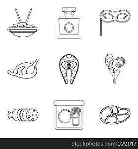 Tableware icons set. Outline set of 9 tableware vector icons for web isolated on white background. Tableware icons set, outline style