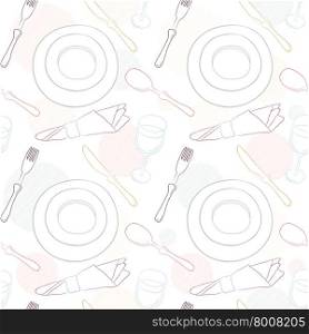 Tableware seamless pattern. Hand-drawn various dishware such as spoon, fork, knife, cups and plates at a table. Vector background.