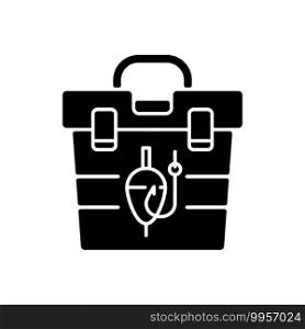 Tackle box black glyph icon. Fishing suitcase. Fishing gear. Leisure. Container with rods, floats, hooks, baits. Special equipment. Silhouette symbol on white space. Vector isolated illustration. Tackle box black glyph icon