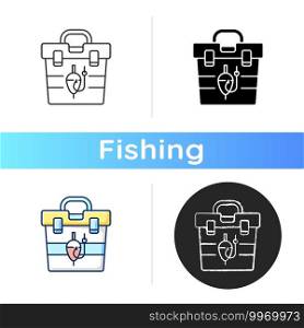 Tackle box icon. Fishing suitcase. Fishing gear. Leisure. Container with rods, floats, hooks, baits. Special equipment. Linear black and RGB color styles. Isolated vector illustrations. Tackle box icon