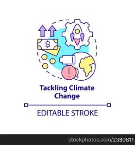 Tackling climate change concept icon. Ecological initiatives. Space technology abstract idea thin line illustration. Isolated outline drawing. Editable stroke. Arial, Myriad Pro-Bold fonts used. Tackling climate change concept icon