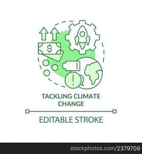 Tackling climate change green concept icon. Ecological initiatives. Space technology abstract idea thin line illustration. Isolated outline drawing. Editable stroke. Arial, Myriad Pro-Bold fonts used. Tackling climate change green concept icon
