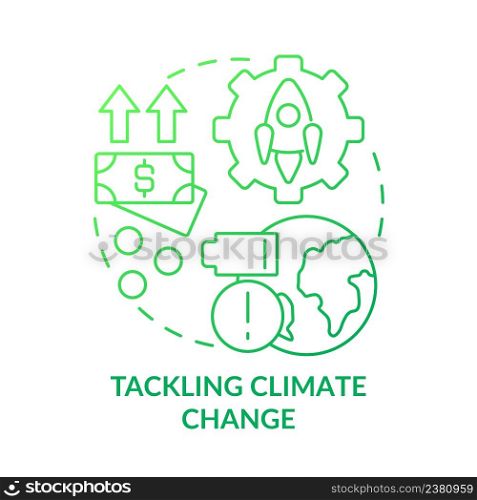 Tackling climate change green gradient concept icon. Ecological initiatives. Space technology abstract idea thin line illustration. Isolated outline drawing. Myriad Pro-Bold font used. Tackling climate change green gradient concept icon