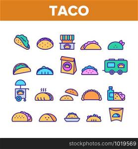 Taco Burrito Collection Elements Icons Set Vector Thin Line. Cafe On Wheel And Cart, Package And Cardboard Pack Mexican Lunch Food Concept Linear Pictograms. Color Contour Illustrations. Taco Burrito Color Elements Icons Set Vector
