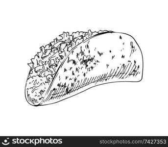 Taco burrito monochrome sketch outline. Mexican take away product, fast food meal isolated on white. Wrapped stuffing in bread vector illustration. Taco Burrito Monochrome Sketch Vector Illustration