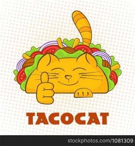 Taco cat cheerful character fast food taco symbol vector illustration. Satisfied cat mascot with tasty beef meat, salad and tomato in mexican taco with sign Tacocat for social media promotion. Taco cat cheerful character mexican fast food taco