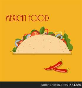 Taco mexican food isolated on background. Taco fast food, icon. Vector illustration flat style. . Vector illustration flat style. Taco mexican food isolated on background. Taco fast food, icon
